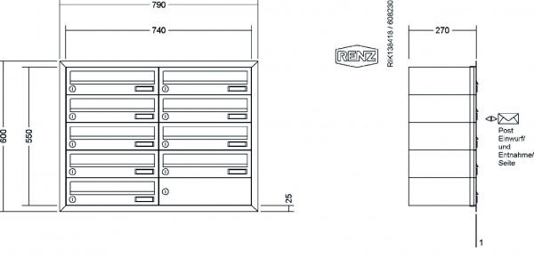 RENZ Briefkastenanlage Unterputz, Eckrahmen, Edelstahl V4A, Kastenformat 370x110x270mm, 9-teilig